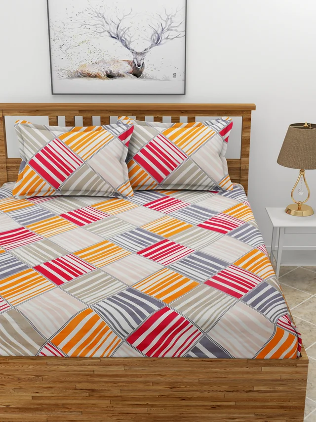 MORADO Premium Glace Cotton Double Bedsheet With 2 King Size Pillow Covers (90x100 Inches) - 90x100 Inches, Multicolor