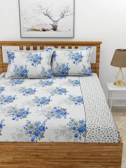 MORADO Premium Glace Cotton Double Bedsheet with 2 King Size Pillow Covers (90x100 Inches, Blue White) - 90x100 Inches, Blue
