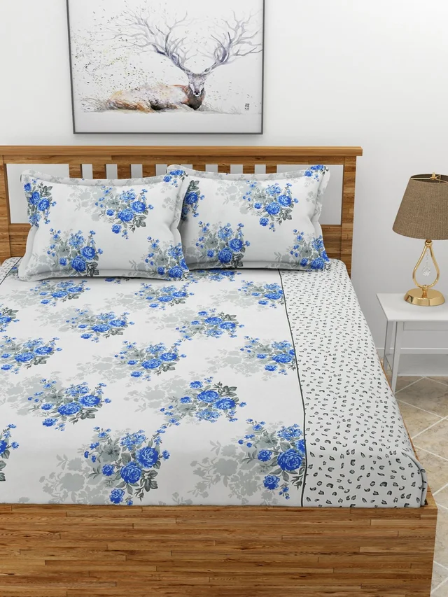 MORADO Premium Glace Cotton Double Bedsheet with 2 King Size Pillow Covers (90x100 Inches, Blue White) - 90x100 Inches, Blue