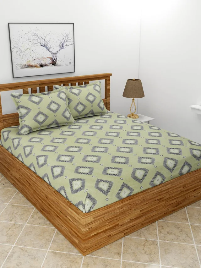 MORADO Premium Glace Cotton Double Bedsheet with 2 King Size Pillow Covers (90x100 Inches, Green Sqaure) - 90x100 Inches, Green