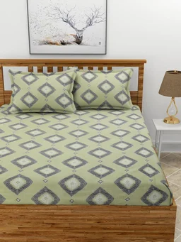 MORADO Premium Glace Cotton Double Bedsheet with 2 King Size Pillow Covers (90x100 Inches, Green Sqaure) - 90x100 Inches, Green