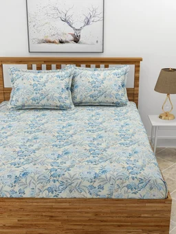 MORADO Premium Glace Cotton Double Bedsheet with 2 King Size Pillow Covers (90x100 Inches, Blue Cream) - 90x100 Inches, Blue