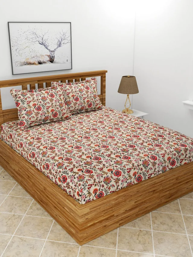 MORADO Premium Glace Cotton Double Bedsheet with 2 King Size Pillow Covers (90x100 Inches, Flower Print) - 90x100 Inches, Red