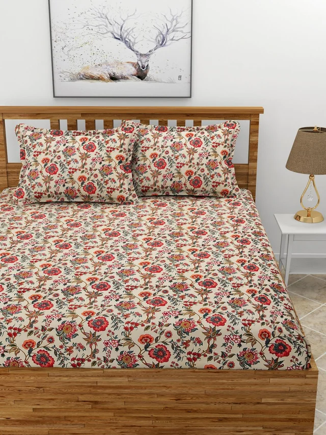 MORADO Premium Glace Cotton Double Bedsheet with 2 King Size Pillow Covers (90x100 Inches, Flower Print) - 90x100 Inches, Red