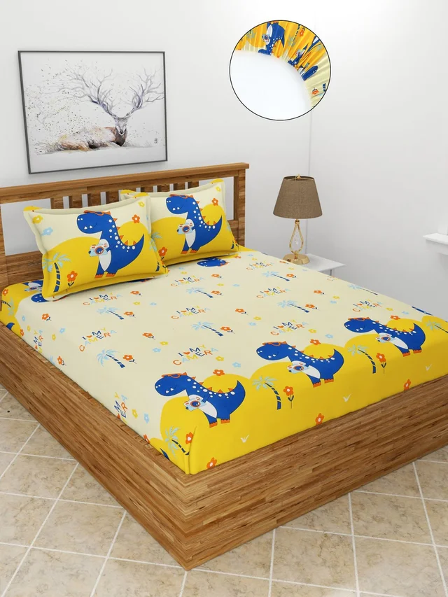 MORADO Premium Glace Cotton Elastic Fitted Double Bedsheet with 2 Pillow Covers (72x78x8 Inches) - Yellow, Hand Wash or Machine Wash, Wash Dark Colors Separately, Do not Bleach