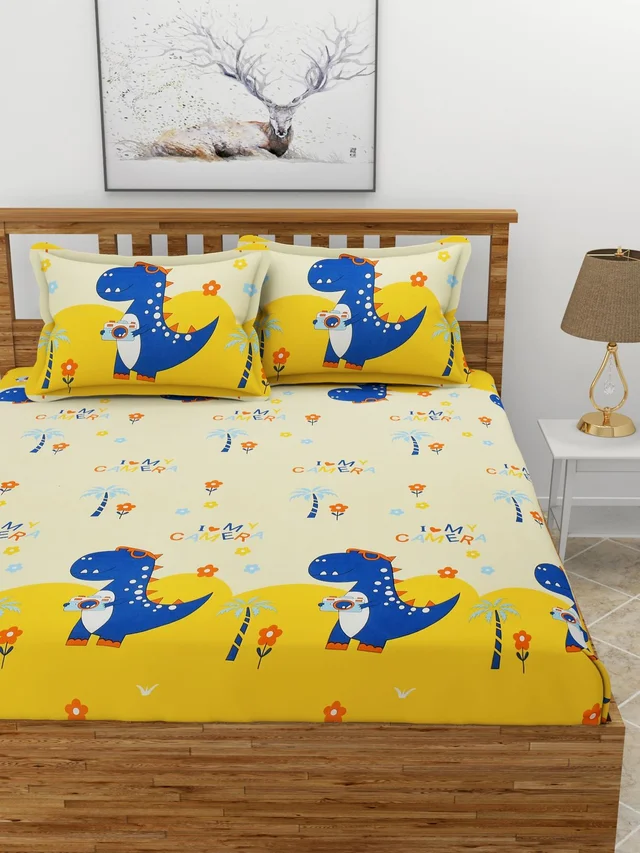 MORADO Premium Glace Cotton Elastic Fitted Double Bedsheet with 2 Pillow Covers (72x78x8 Inches) - Yellow, Hand Wash or Machine Wash, Wash Dark Colors Separately, Do not Bleach