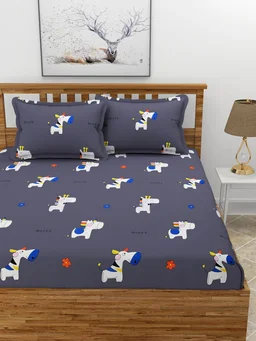 MORADO Premium Glace Cotton Elastic Fitted Double Bedsheet with 2 Pillow Covers (72x78x8 Inches) - Dark Blue, Hand Wash or Machine Wash, Wash Dark Colors Separately, Do not Bleach
