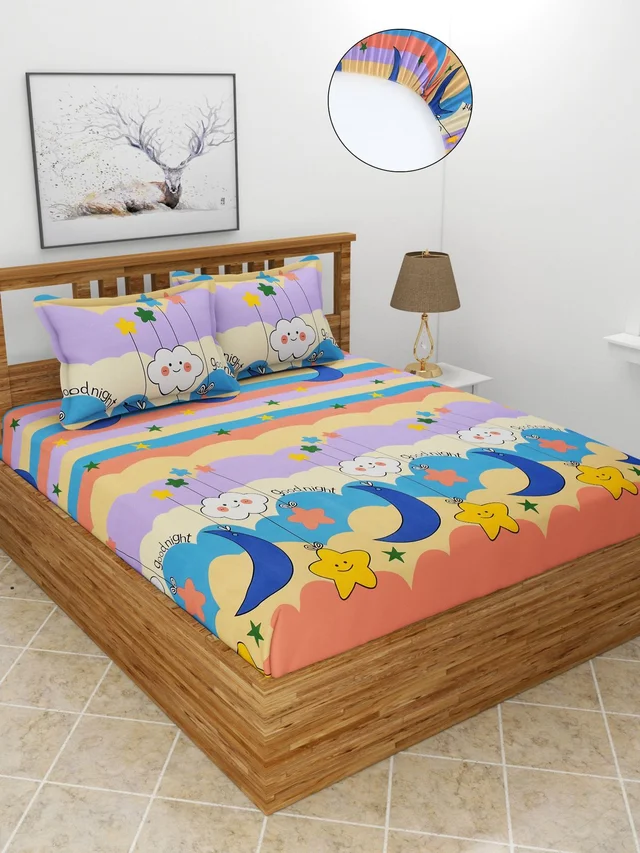 MORADO Premium Glace Cotton Elastic Fitted Double Bedsheet with 2 Pillow Covers (72x78x8 Inches) - Multicolor, Hand Wash or Machine Wash, Wash Dark Colors Separately, Do not Bleach
