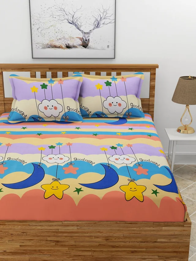 MORADO Premium Glace Cotton Elastic Fitted Double Bedsheet with 2 Pillow Covers (72x78x8 Inches) - Multicolor, Hand Wash or Machine Wash, Wash Dark Colors Separately, Do not Bleach