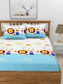 MORADO Premium Glace Cotton Elastic Fitted Double Bedsheet with 2 Pillow Covers (72x78x8 Inches) - Blue Offwhite, Hand Wash or Machine Wash, Wash Dark Colors Separately, Do not Bleach