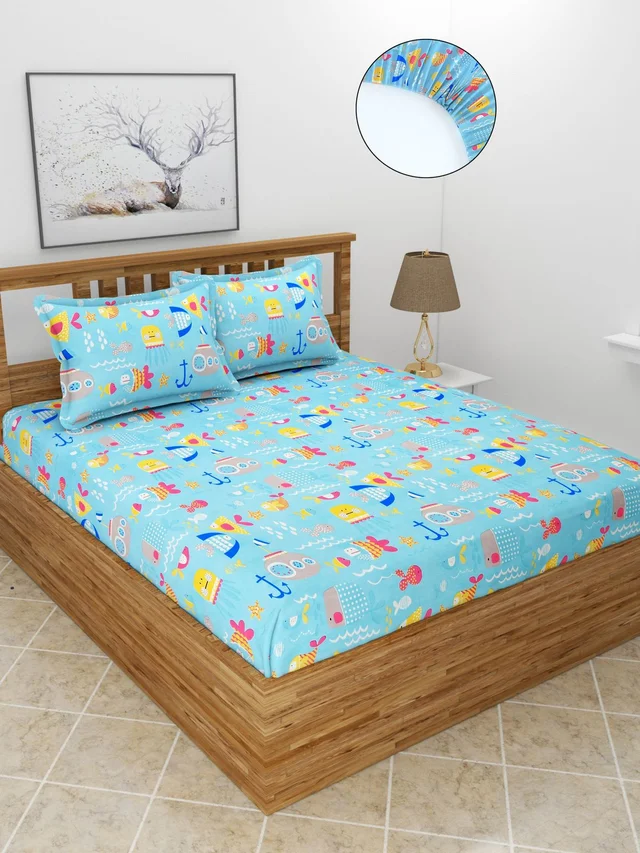 MORADO Premium Glace Cotton Elastic Fitted Double Bedsheet with 2 Pillow Covers (72x78x8 Inches) - Light Blue, Hand Wash or Machine Wash, Wash Dark Colors Separately, Do not Bleach