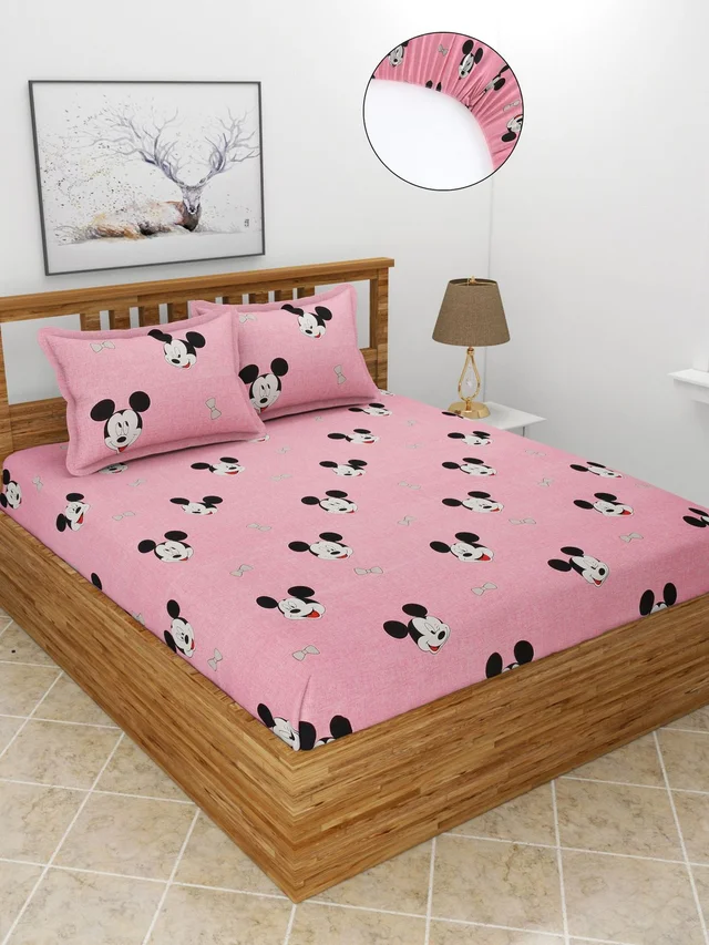 MORADO Premium Glace Cotton Elastic Fitted Double Bedsheet with 2 Pillow Covers (72x78x8 Inches) - Pink, Hand Wash or Machine Wash, Wash Dark Colors Separately, Do not Bleach