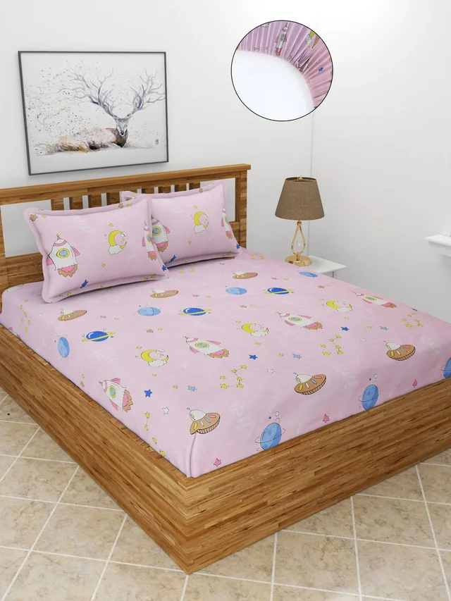 MORADO Premium Glace Cotton Elastic Fitted Double Bedsheet with 2 Pillow Covers (72x78x8 Inches) - Pink, Hand Wash or Machine Wash, Wash Dark Colors Separately, Do not Bleach
