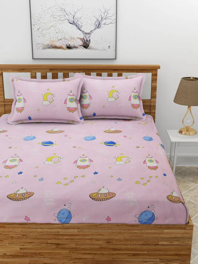 MORADO Premium Glace Cotton Elastic Fitted Double Bedsheet with 2 Pillow Covers (72x78x8 Inches) - Pink, Hand Wash or Machine Wash, Wash Dark Colors Separately, Do not Bleach