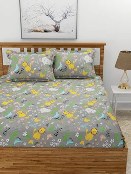 MORADO Premium Glace Cotton Elastic Fitted Double Bedsheet with 2 Pillow Covers (72x78x8 Inches) - Grey, Hand Wash or Machine Wash, Wash Dark Colors Separately, Do not Bleach