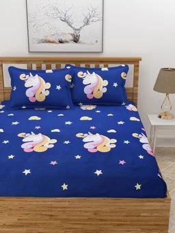 MORADO Premium Glace Cotton Elastic Fitted Double Bedsheet with 2 Pillow Covers (72x78x8 Inches) - Blue, Hand Wash or Machine Wash, Wash Dark Colors Separately, Do not Bleach