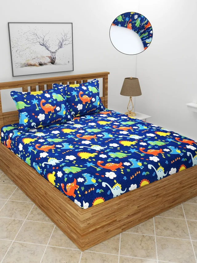MORADO Premium Glace Cotton Elastic Fitted Double Bedsheet with 2 Pillow Covers (72x78x8 Inches) - Blue, Hand Wash or Machine Wash, Wash Dark Colors Separately, Do not Bleach