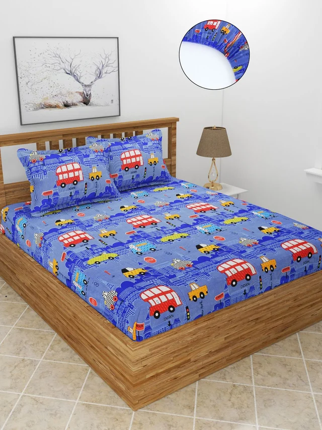 MORADO Premium Glace Cotton Elastic Fitted Double Bedsheet with 2 Pillow Covers (72x78x8 Inches) - Blue, Hand Wash or Machine Wash, Wash Dark Colors Separately, Do not Bleach
