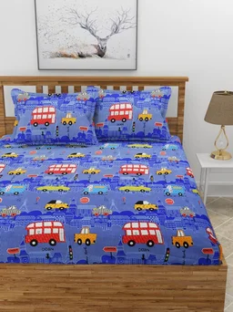 MORADO Premium Glace Cotton Elastic Fitted Double Bedsheet with 2 Pillow Covers (72x78x8 Inches) - Blue, Hand Wash or Machine Wash, Wash Dark Colors Separately, Do not Bleach