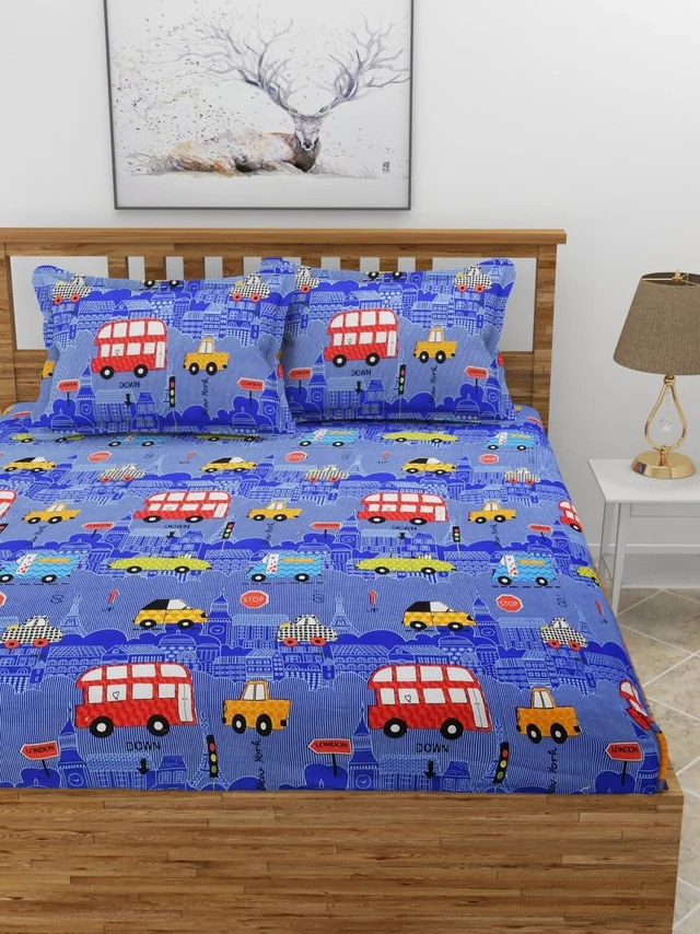 MORADO Premium Glace Cotton Elastic Fitted Double Bedsheet with 2 Pillow Covers (72x78x8 Inches) - Blue, Hand Wash or Machine Wash, Wash Dark Colors Separately, Do not Bleach