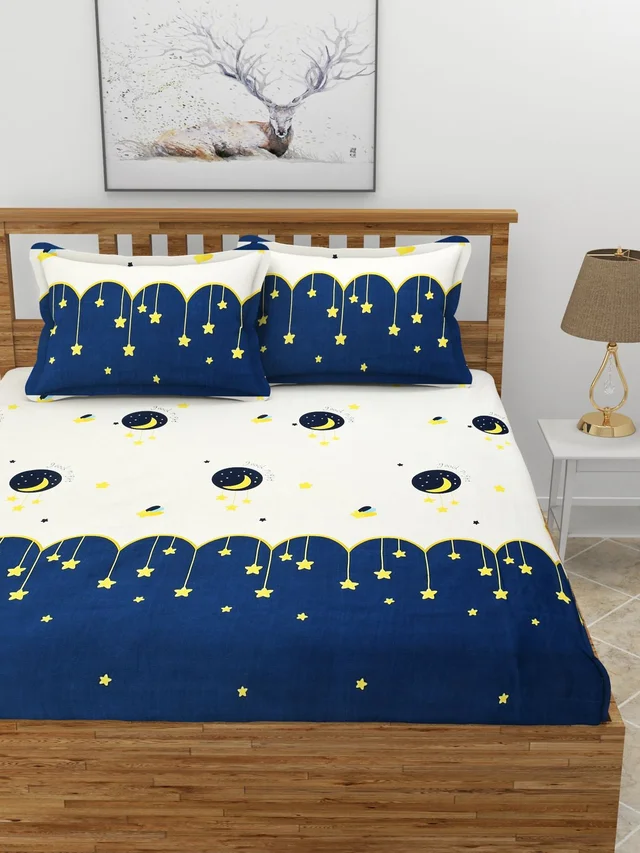 MORADO Premium Glace Cotton Elastic Fitted Double Bedsheet with 2 Pillow Covers (72x78x8 Inches) - Blue Offwhite, Hand Wash or Machine Wash, Wash Dark Colors Separately, Do not Bleach