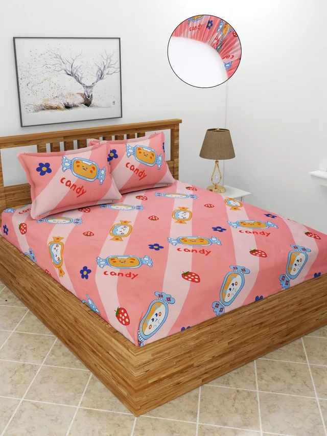 MORADO Premium Glace Cotton Elastic Fitted Double Bedsheet with 2 Pillow Covers (72x78x8 Inches) - Pink, Hand Wash or Machine Wash, Wash Dark Colors Separately, Do not Bleach