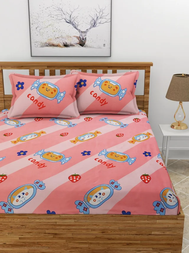 MORADO Premium Glace Cotton Elastic Fitted Double Bedsheet with 2 Pillow Covers (72x78x8 Inches) - Pink, Hand Wash or Machine Wash, Wash Dark Colors Separately, Do not Bleach