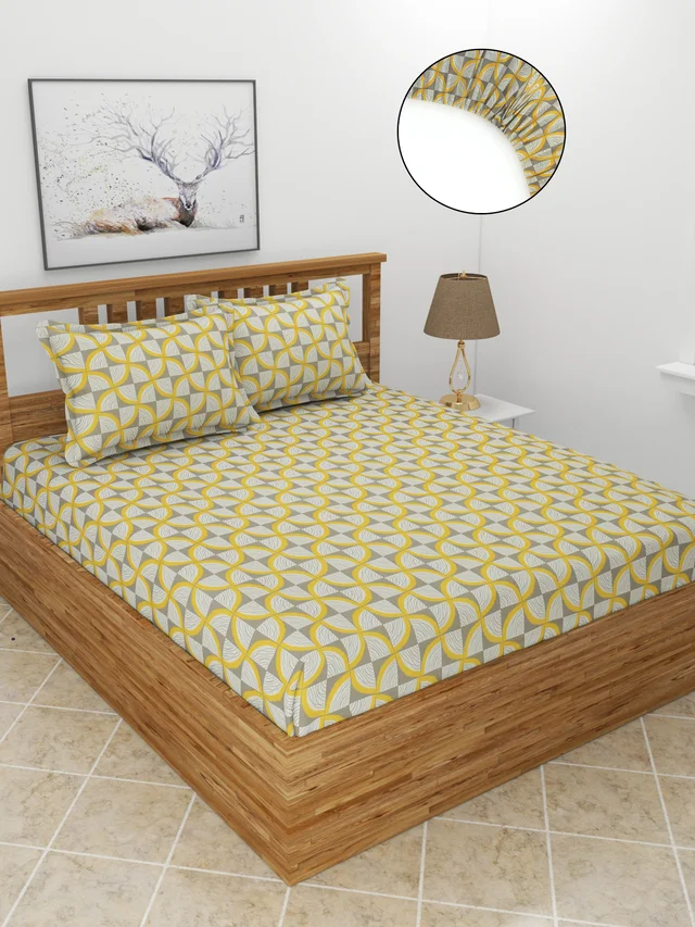 MORADO Premium Glace Cotton Elastic Fitted Double Bedsheet With 2 Pillow Covers (72x78x8 Inches) - 72x78x8 Inches, Yellow