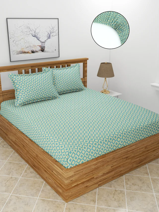 MORADO Premium Glace Cotton Elastic Fitted Double Bedsheet With 2 Pillow Covers (72x78x8 Inches) - 72x78x8 Inches, Green