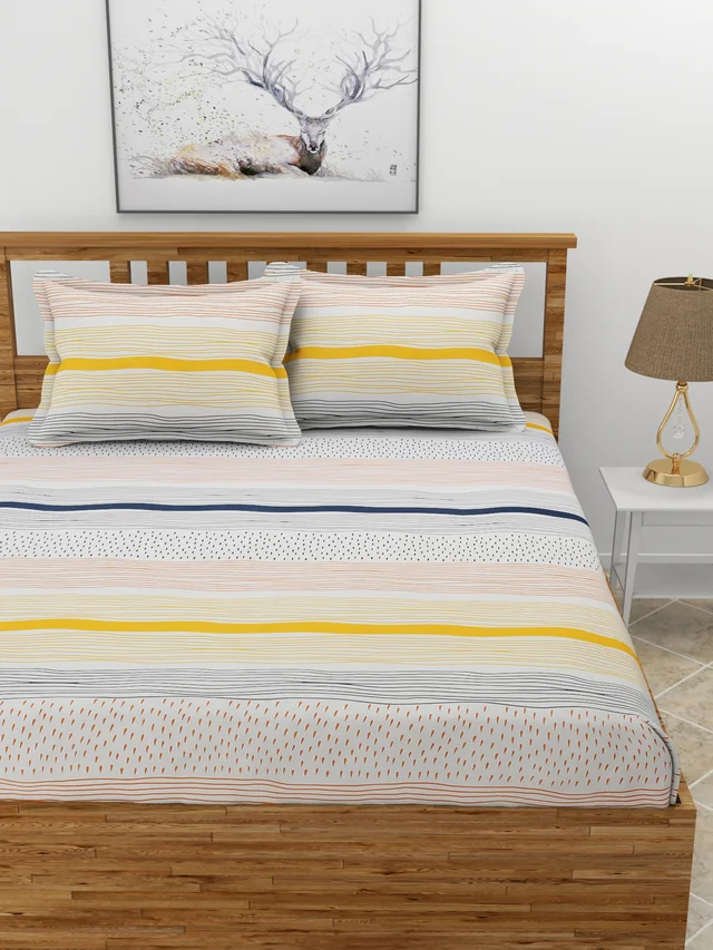 MORADO Premium Glace Cotton Elastic Fitted Double Bedsheet With 2 Pillow Covers (72x78x10 Inches) - 72x78x10 Inches, Multicolor