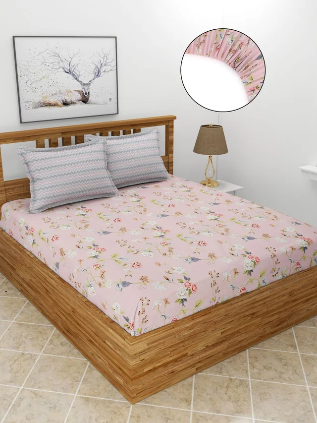 MORADO Premium Glace Cotton Elastic Fitted Double Bedsheet with 2 King Size Pillow Covers (72x78x10 Inches) - 72x78x10 Inches, Pink