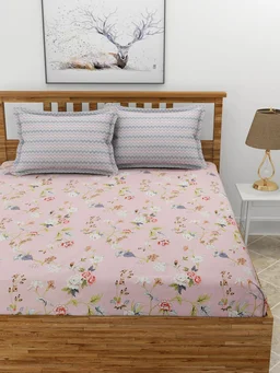 MORADO Premium Glace Cotton Elastic Fitted Double Bedsheet with 2 King Size Pillow Covers (72x78x10 Inches) - 72x78x10 Inches, Pink