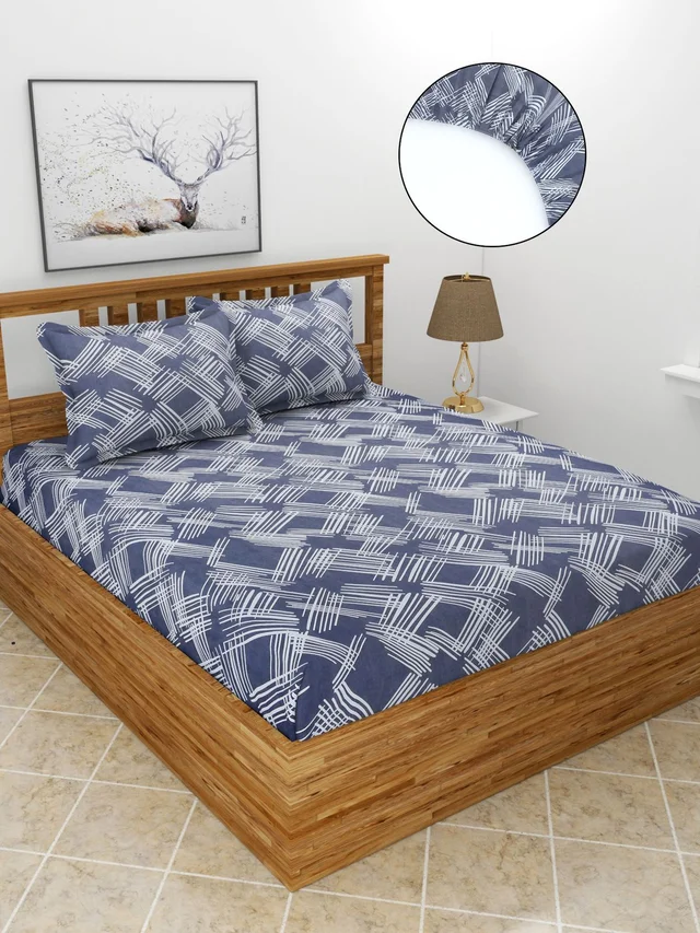 MORADO Premium Glace Cotton Elastic Fitted Double Bedsheet with 2 King Size Pillow Covers (72x78x8 Inches) - 72x78x8 Inches, Blue