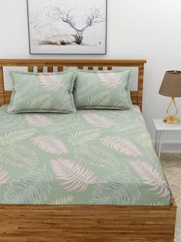 MORADO Premium Glace Cotton Elastic Fitted Double Bedsheet with 2 King Size Pillow Covers (72x78x8 Inches) - 72x78x8 Inches, Green