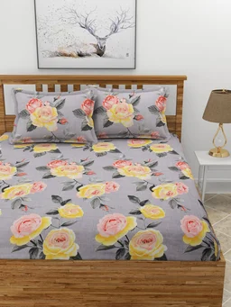 MORADO Premium Glace Cotton Elastic Fitted Double Bedsheet with 2 King Size Pillow Covers (72x78x10 Inches) - 72x78x10 Inches, Multicolor