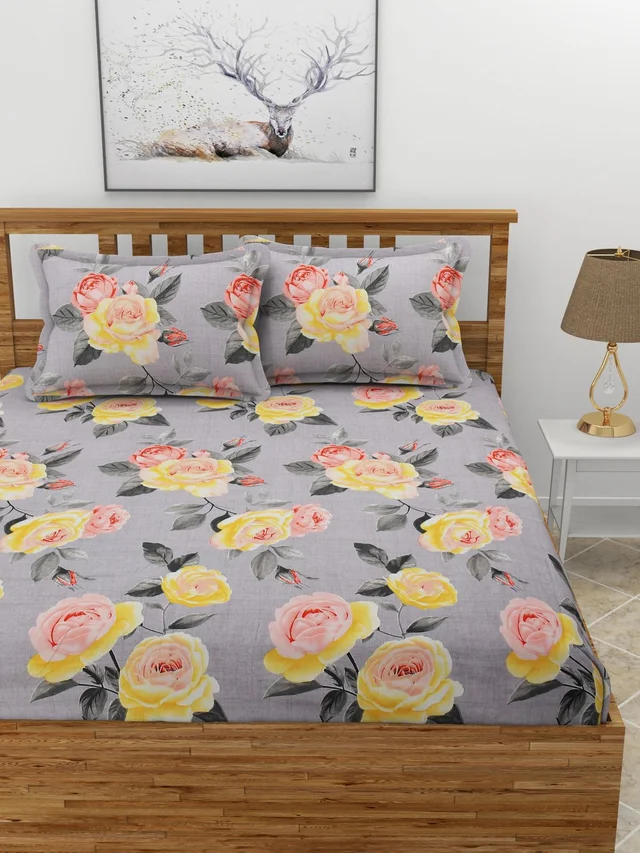 MORADO Premium Glace Cotton Elastic Fitted Double Bedsheet with 2 King Size Pillow Covers (72x78x10 Inches) - 72x78x10 Inches, Multicolor