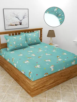MORADO Premium Glace Cotton Single Bedsheet With 1 King Size Pillow Cover (60x90 Inches) - 36x72x8 Inches, Blue