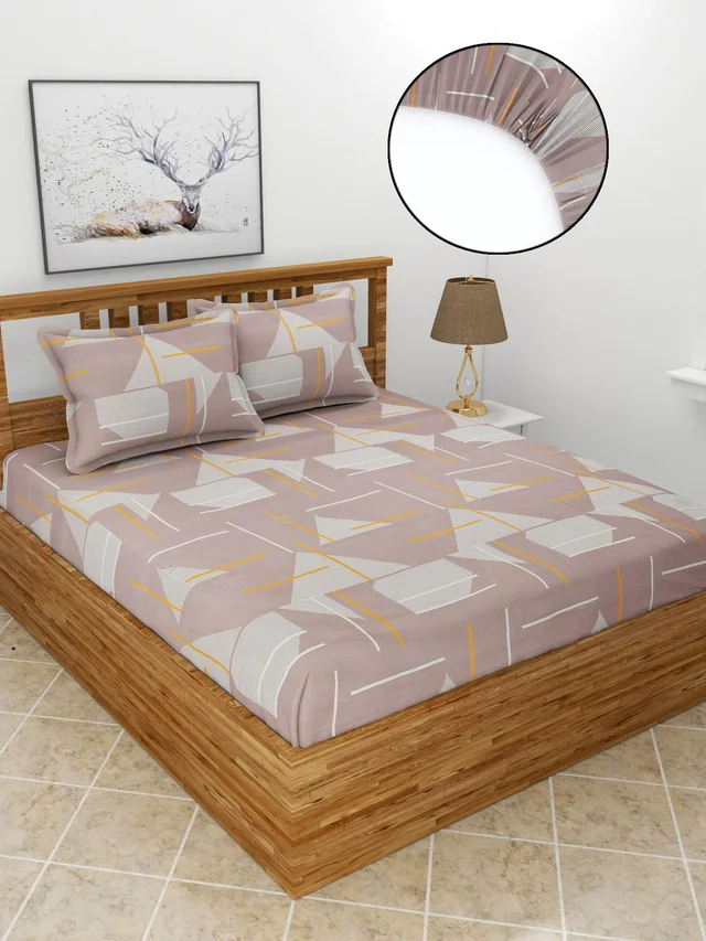 MORADO Premium Glace Cotton Elastic Fitted Double Bedsheet with 2 King Size Pillow Covers (72x78x8 Inches) - 72x78x8 Inches, Brown
