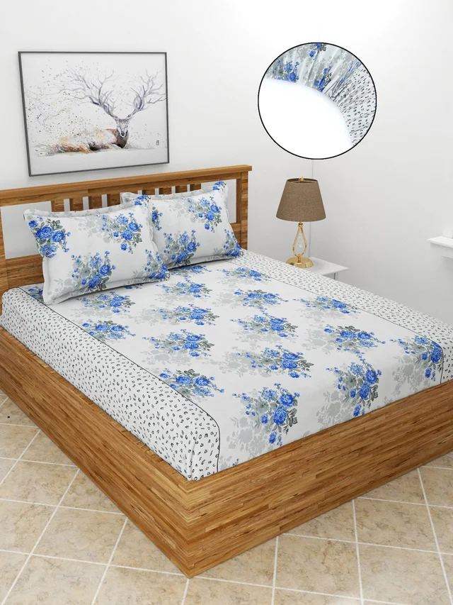 MORADO Premium Glace Cotton Elastic Fitted Double Bedsheet with 2 Pillow Covers (72x78x8 Inches) - 72x78x8 Inches