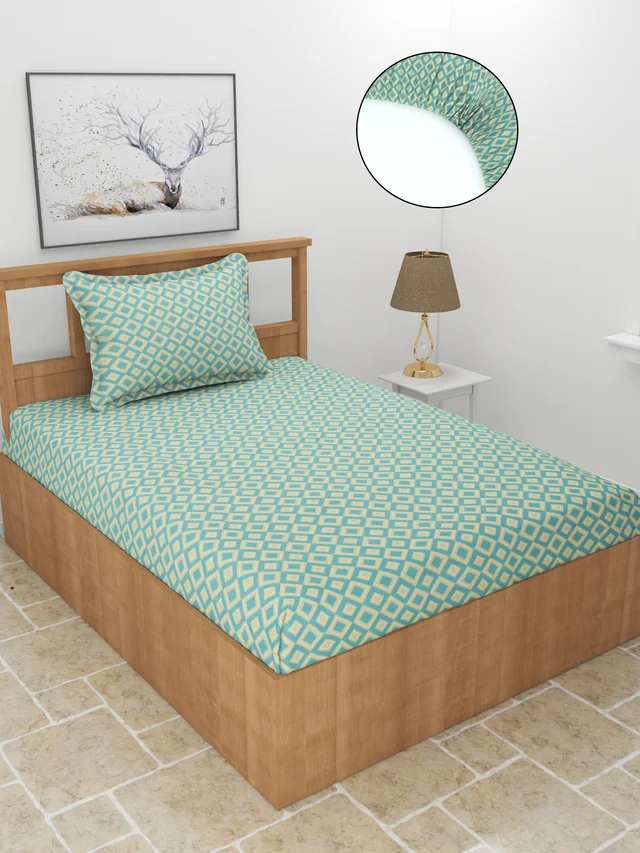 MORADO Premium Glace Cotton Elastic Fitted Single Bedsheet With 1 Pillow Cover (36x72x8 Inches) - 36x72x8 Inches, Green