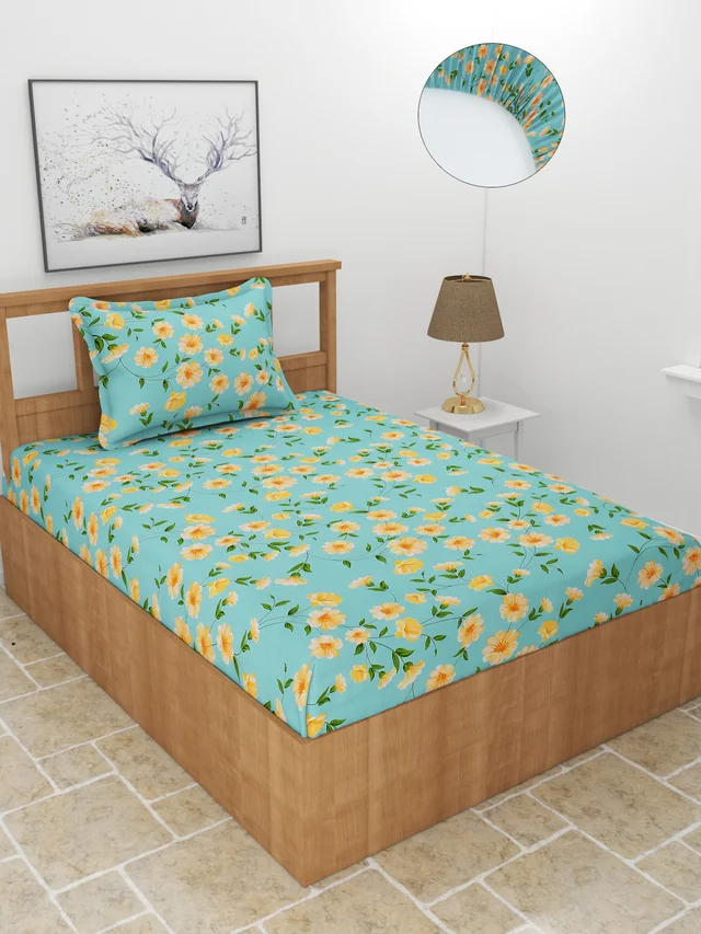 MORADO Premium Glace Cotton Elastic Fitted Single Bedsheet With 1 Pillow Cover (36x72x8 Inches) - 36x72x8 Inches, Green