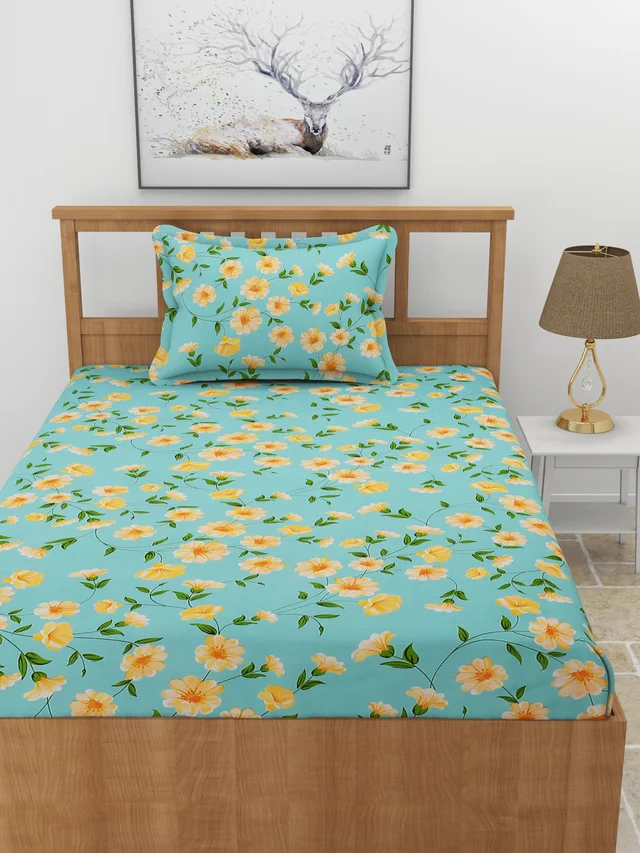 MORADO Premium Glace Cotton Elastic Fitted Single Bedsheet With 1 Pillow Cover (36x72x8 Inches) - 36x72x8 Inches, Green