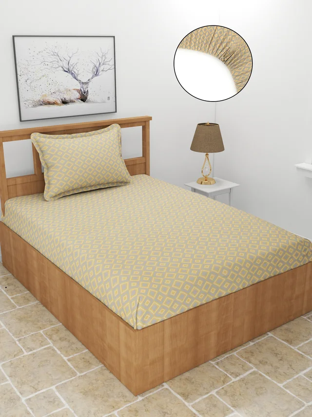 MORADO Premium Glace Cotton Elastic Fitted Single Bedsheet With 1 Pillow Cover (36x72x8 Inches) - 36x72x8 Inches, Yellow