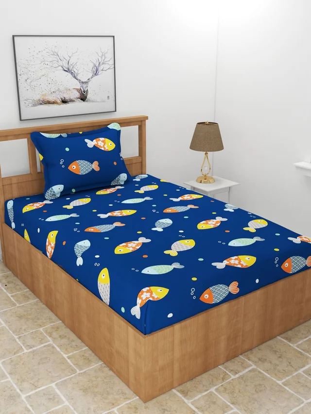 MORADO Premium Glace Cotton Single Bedsheet with 1 King Size Pillow Cover (60x90 Inches) - Blue