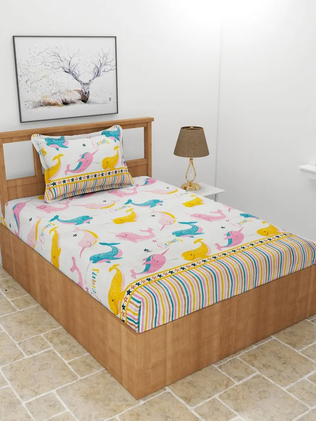 MORADO Premium Glace Cotton Single Bedsheet with 1 King Size Pillow Cover (60x90 Inches) - Offwhite