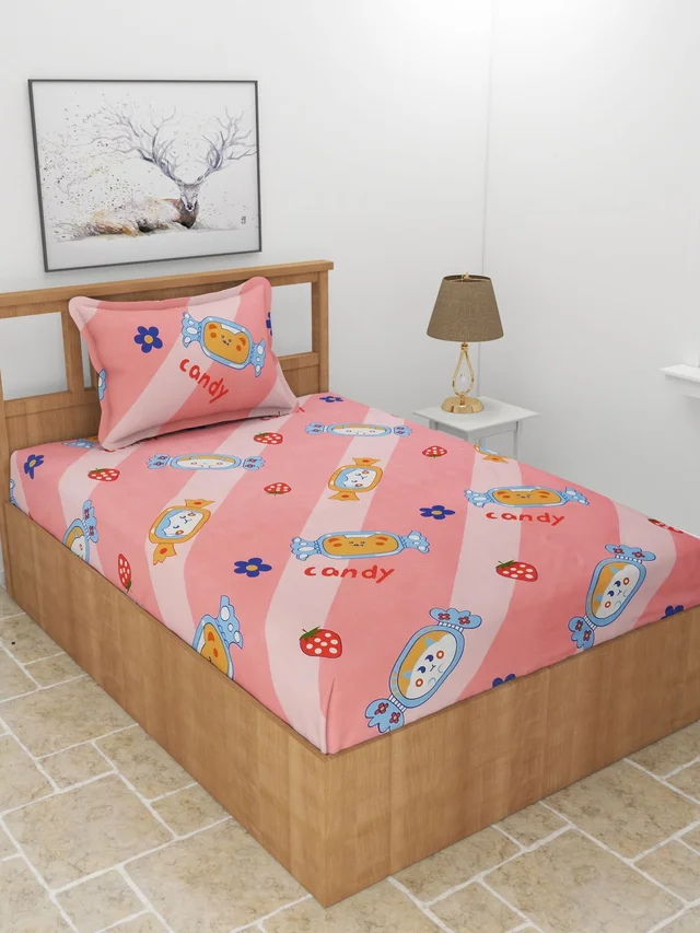 MORADO Premium Glace Cotton Single Bedsheet with 1 King Size Pillow Cover (60x90 Inches) - Pink