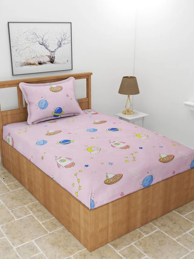 MORADO Premium Glace Cotton Single Bedsheet with 1 King Size Pillow Cover (60x90 Inches) - Pink