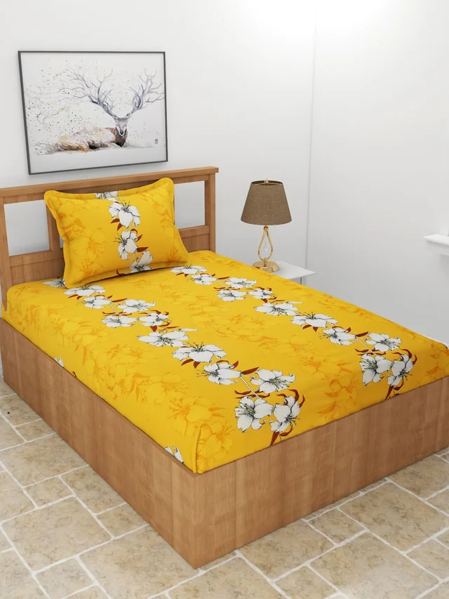 MORADO Premium Glace Cotton Single Bedsheet with 1 King Size Pillow Cover (60x90 Inches) - Mustard