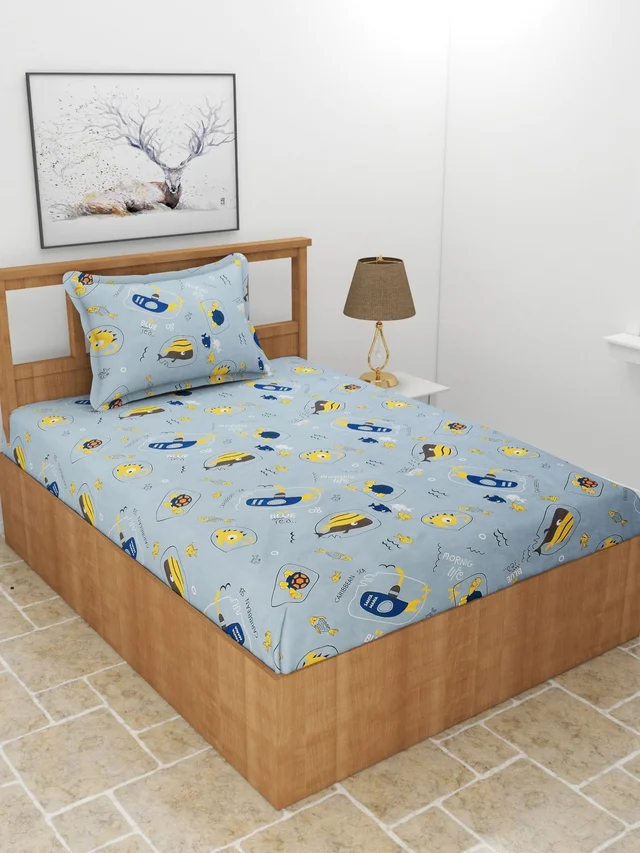 MORADO Premium Glace Cotton Single Bedsheet with 1 King Size Pillow Cover (60x90 Inches) - Blue