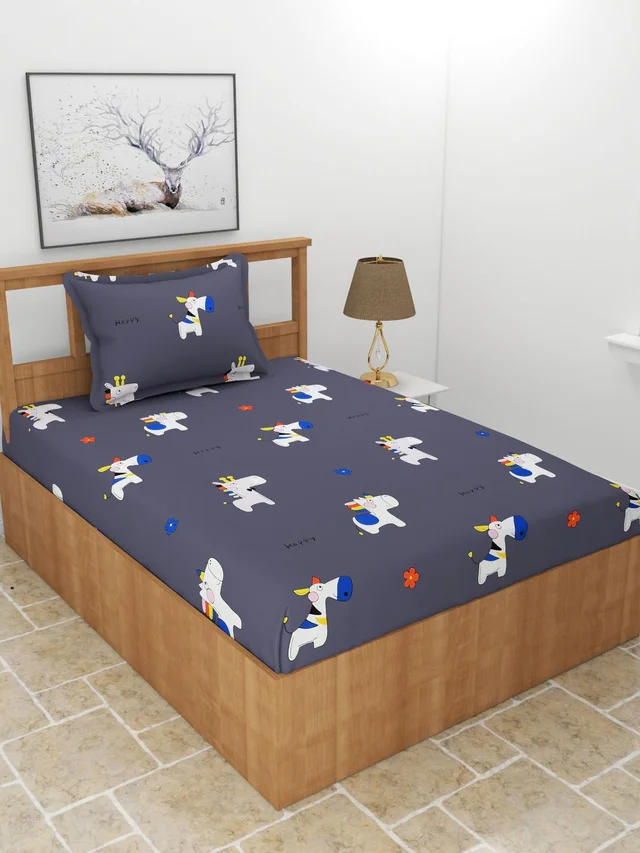 MORADO Premium Glace Cotton Single Bedsheet with 1 King Size Pillow Cover (60x90 Inches) - Blue